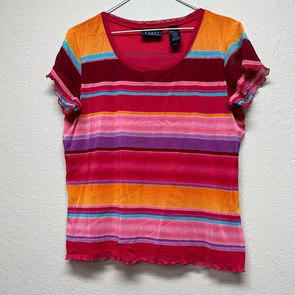 Crazy Horse, colorful stretchy silky striped fitted top, Large - Picture 1 of 3